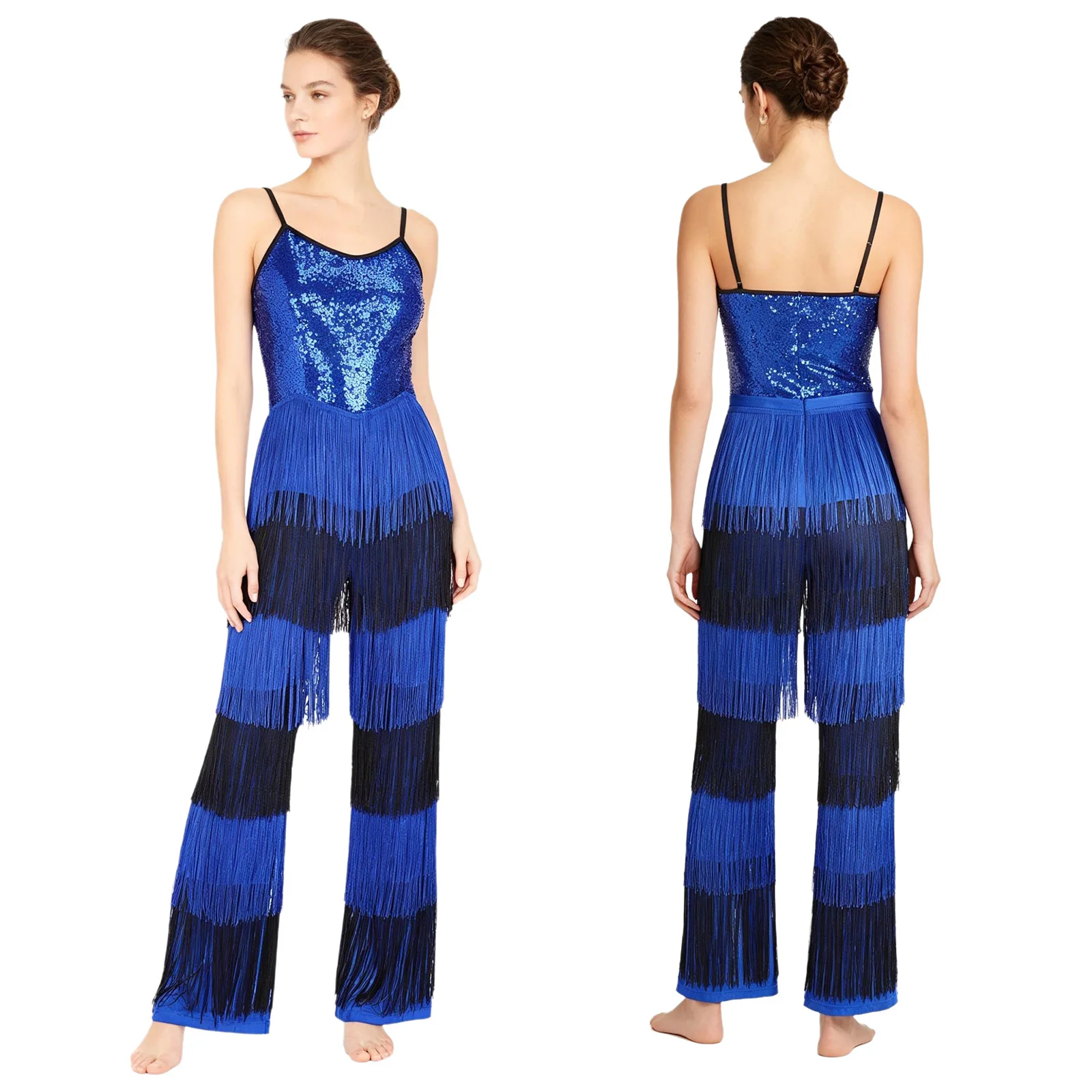 Women Halloween Carnival 70s Disco Costume Shiny Sequin Tassel Latin Jazz Dance Cha-cha Tango Rumba Ballroom Jumpsuit Dancewear