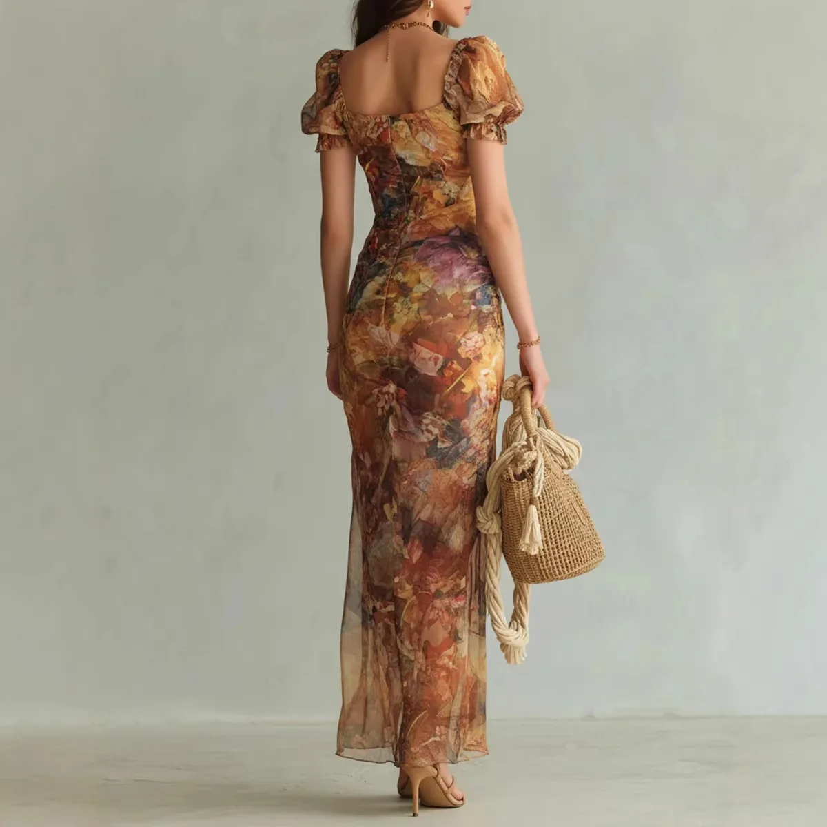 2026 New Model: Women’s Printed V-Neck, Slim-Fit, Floral Hem, Elegant, Long Dress