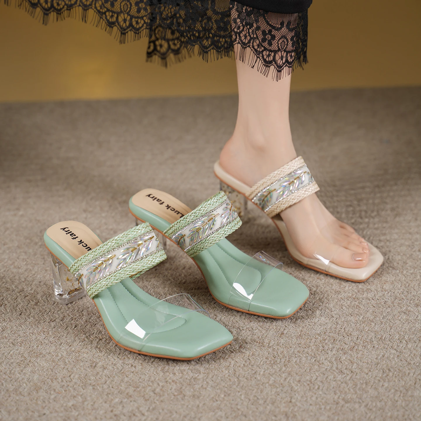 2026 new summer women sandals natural leather 22-25cm weaving materials+pvc+sheepskin mules high heel women slippers fashion