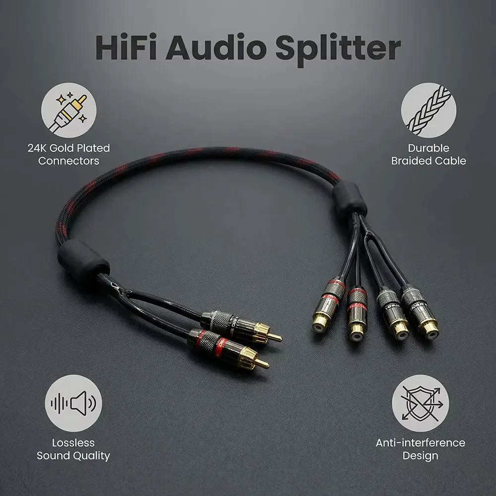 RCA Plug Splitter Stereo Audio Video Cable 2 Male to 4 Female Dual Speaker Y Adapter Connector Extension Cord 1 Input 2 Output