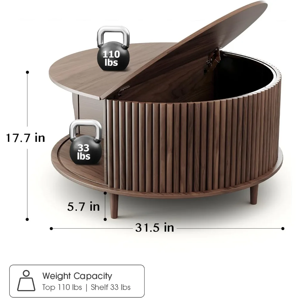 Compact Storage Coffee Table with Sliding Door for Small Living Spaces, 31.5 Diameter Center Table