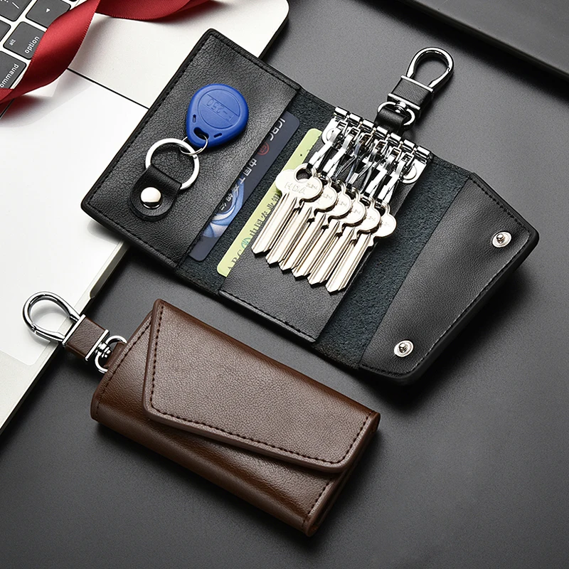 

Genuine Leather Key Box Men Waist Hanged Metal Keychain EDC Keys Holder Housekeeper Key Organizer Case Women Small Card Wallet