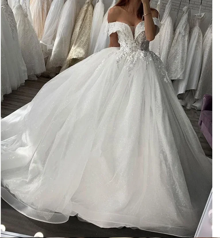 Customized Princess Wedding Dresses Glitter Tulle Lace Appliques Off The Shoulder Bride Gowns Classic Ball Gown Robe De Mariee