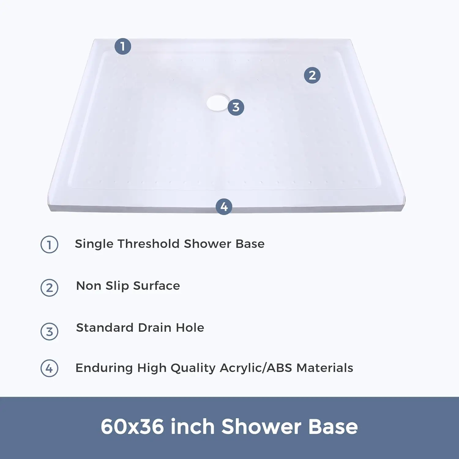 CUPC Center Drain Single Threshold Non Slip Surface Rectangle Bathroom Acrylic Shower Base view 5