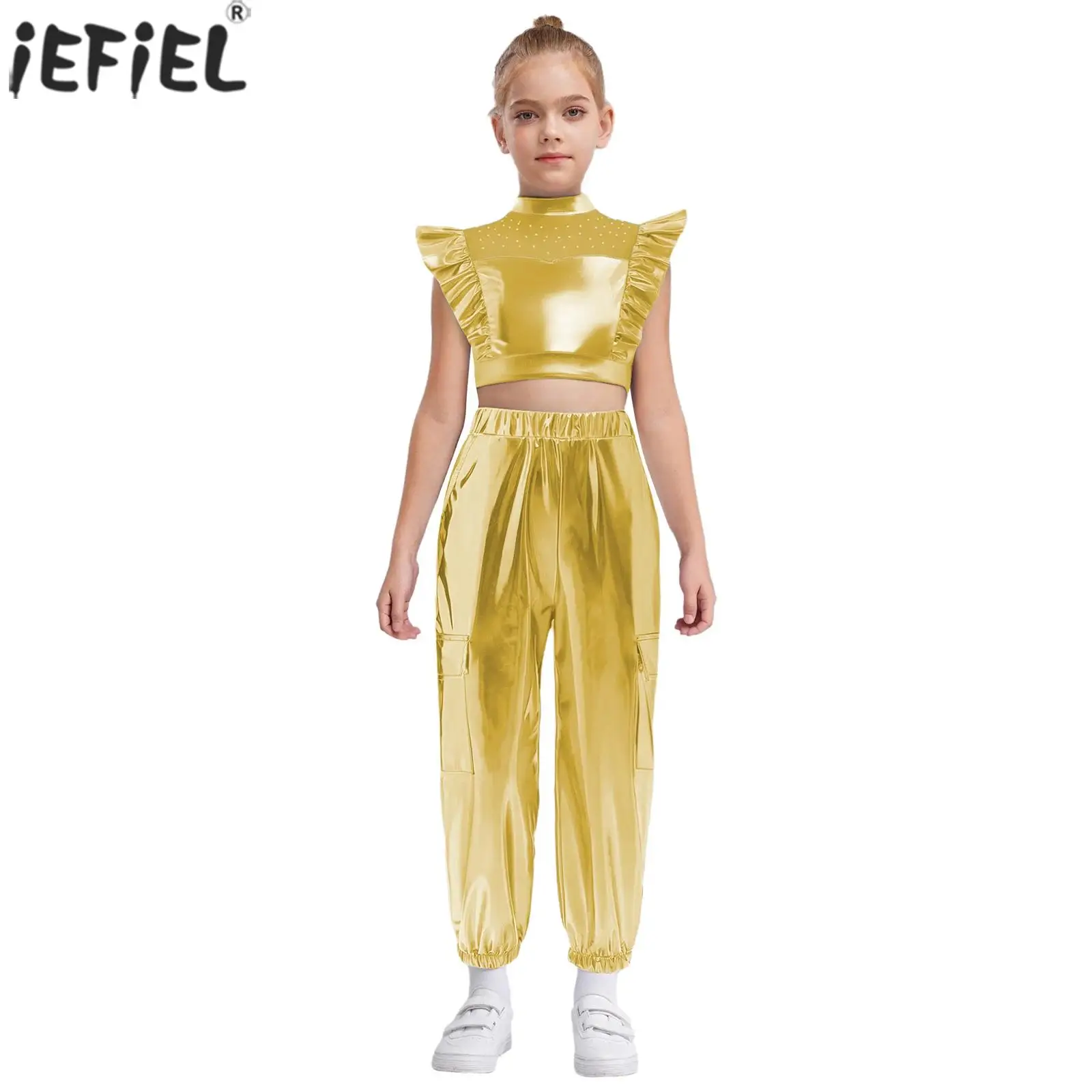 Girls Hip-Hop Jazz Dance Outfits Metallic Shiny Rhinestone Ruffle Crop Tops with Cargo Pants Rave Party Performance Dancewear