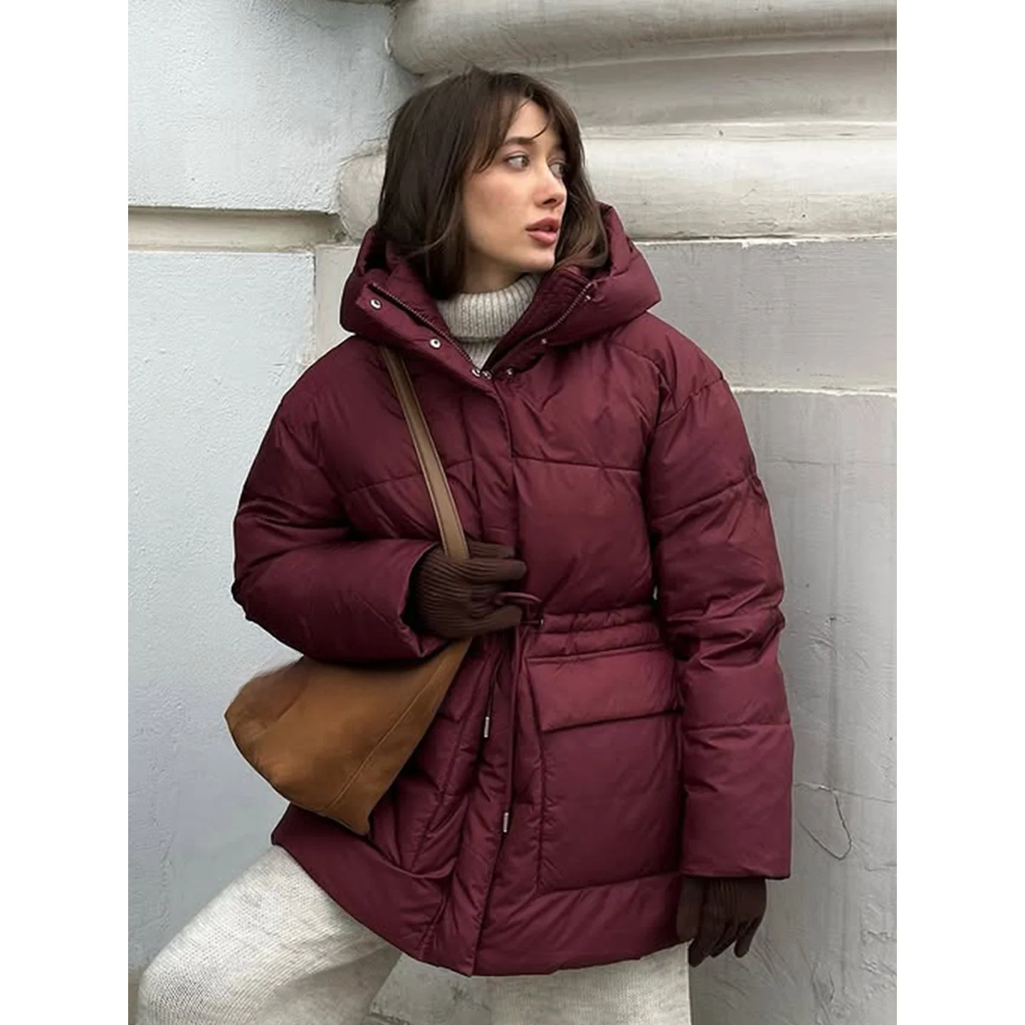 

Wine Red Hooded Coat Belted Waist Zipper Bread Style Jacket Women's Casual Cotton Puffer Vest Warm Comfortable Outerwear