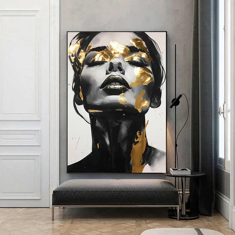 Women Face with Golden Portrait Poster Canvas Paintings Modern Abstract Wall Art Pictures for Living Room Home Decor NO FRAME