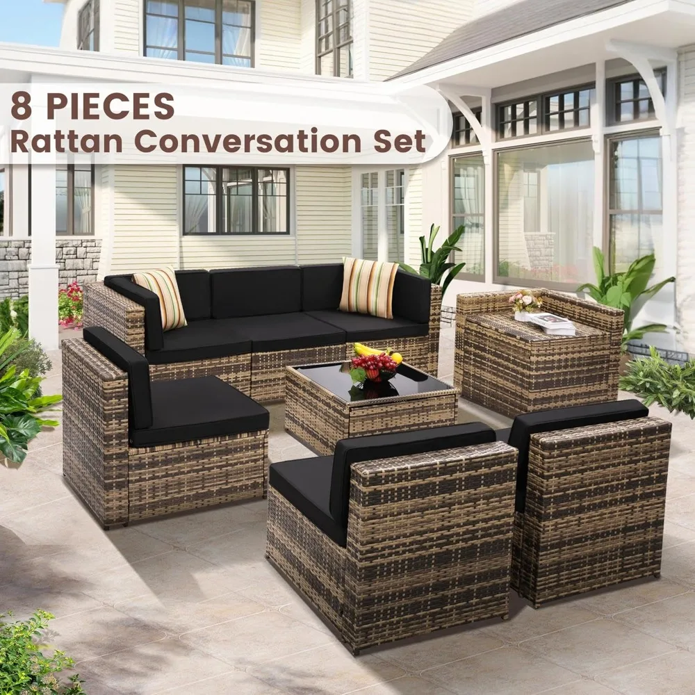 8 Pieces Outdoor Wicker Rattan Patio Furniture Sectional Set, Glass Top Table with Hidden Storage, 7 Sofa Sections,  Cushions