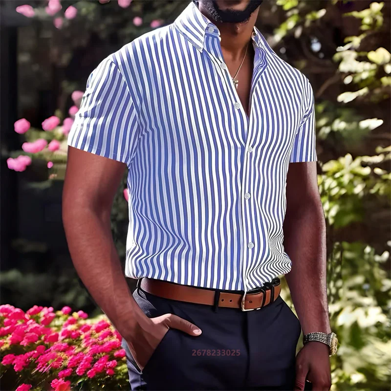 

Новая мужская черно-белая полосатая рубашка с коротким рукавом 2026 года, стильная, приталенная, дышащая, для делового повседневного стиля, универсальный топ