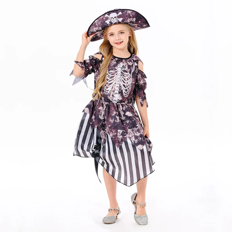 

Girls Halloween Pirate Cosplay Costume Children's Pirate Captain Role-playing Costume Skull Skeleton Princess Dresses with Hat