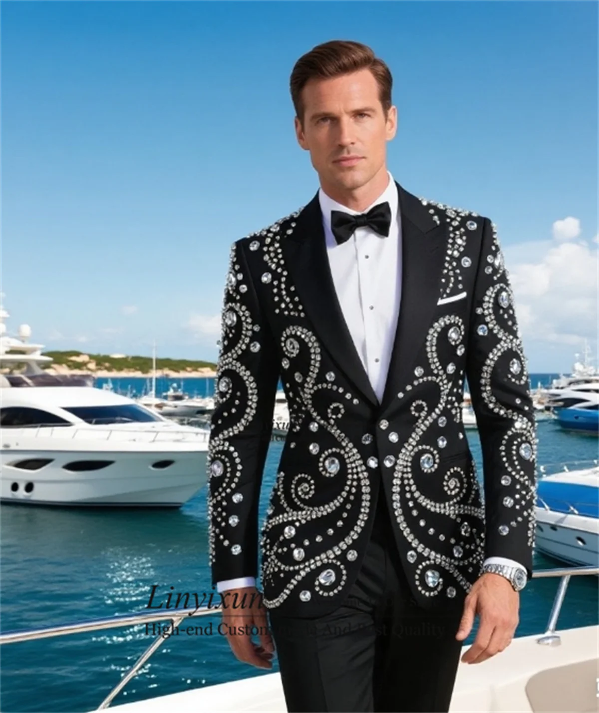 

2 Piece Sets Men Suits For Wedding High End Crystal Beaded Groom Tuxedos Peaked Lapel Male Prom Blazers Customized Ropa Hombre