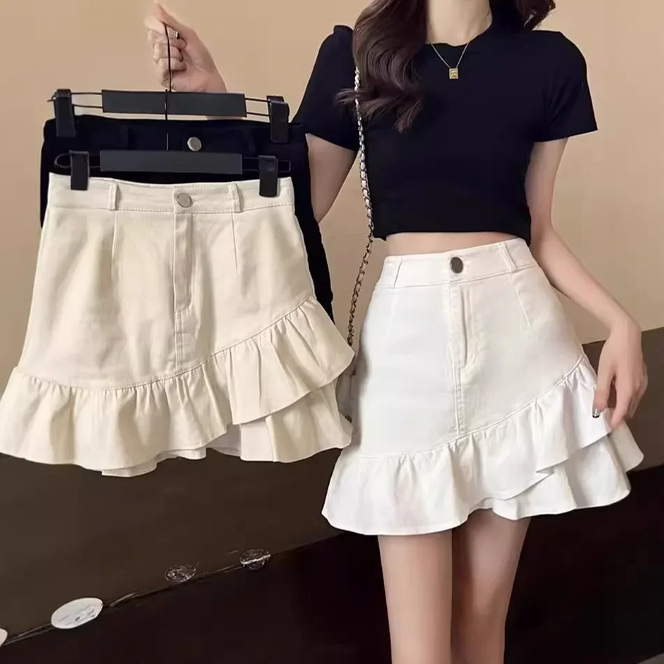 High-Waisted A- Line Mini Dress With Ruffle Edge And Pocket For Women Summer White Denim Sensible Niche Skirt