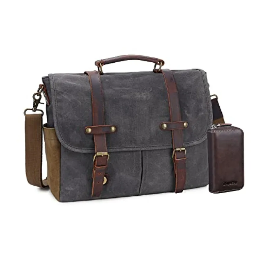 

Messenger Bag for Men Waterproof Genuine Leather Waxed Canvas Briefcase 15.6 Inch Laptop Larger Shoulder Bag with Key Bag