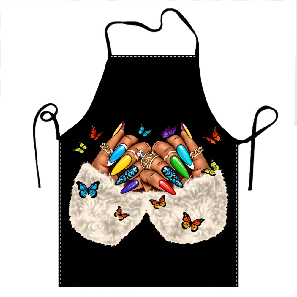 Black Apron With Colorful Nail Art And Butterflies Design For Beauty Salon Or Manicure Studio