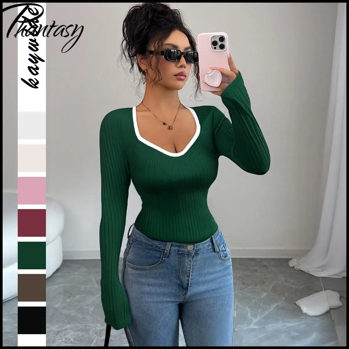 Primavera outono básico versátil pescoço quadrado manga longa camada de base feminina topo casual minimalista fino-ajuste camiseta pulôver de malha