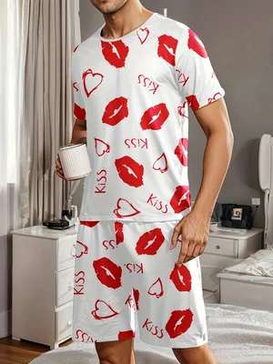 

Мужской пижамный комплект с принтами в виде губ, "поцелуев" и сердечек, удобная летняя одежда.