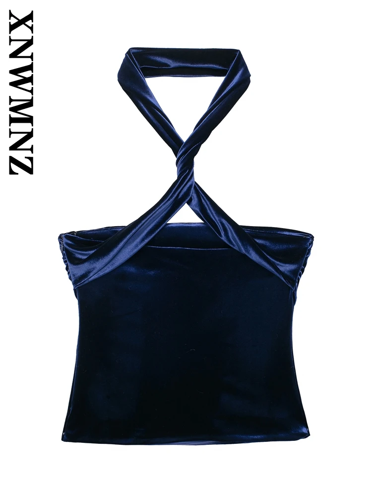 XNWMNZ 2024 Autumn Woman's Evening Party Crop Top Vest Gilet Sexy Female Sleeveless Shoulder Waistcoat Slim Halter Top Velvet