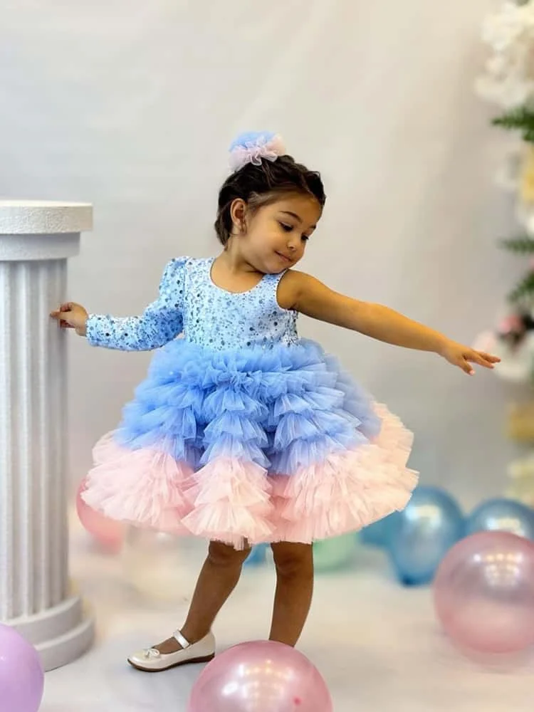 Customized Flower Girl Dress Sequin One Shoulder Long Sleeve Ombre Blue Pink Tiered Ruffle Tulle Tutu Baby Birthday Party Gown