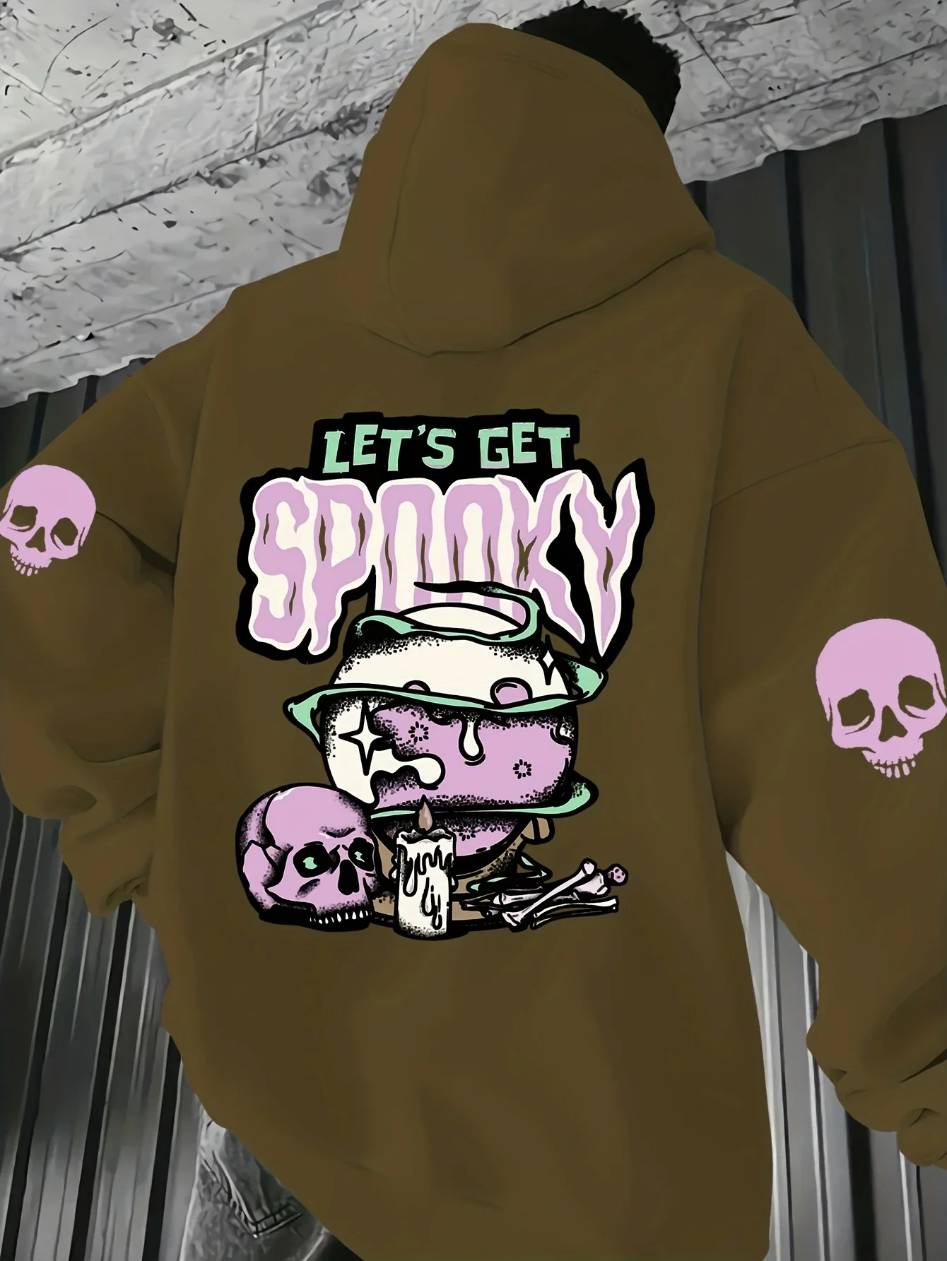 Korea US Hot Selling Let's Get Spooky Cartoon Skull Candle Graphic Hoodie Back Sleeve Print Pullover Hoodie Unisex Loose Hoody