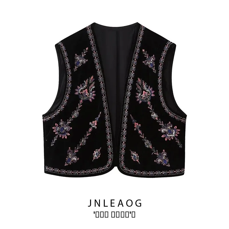 

JNLEAOG, осенний новый женский уличный бархатный жилет с вышивкой из бисера, длина без пуговиц, другой материал