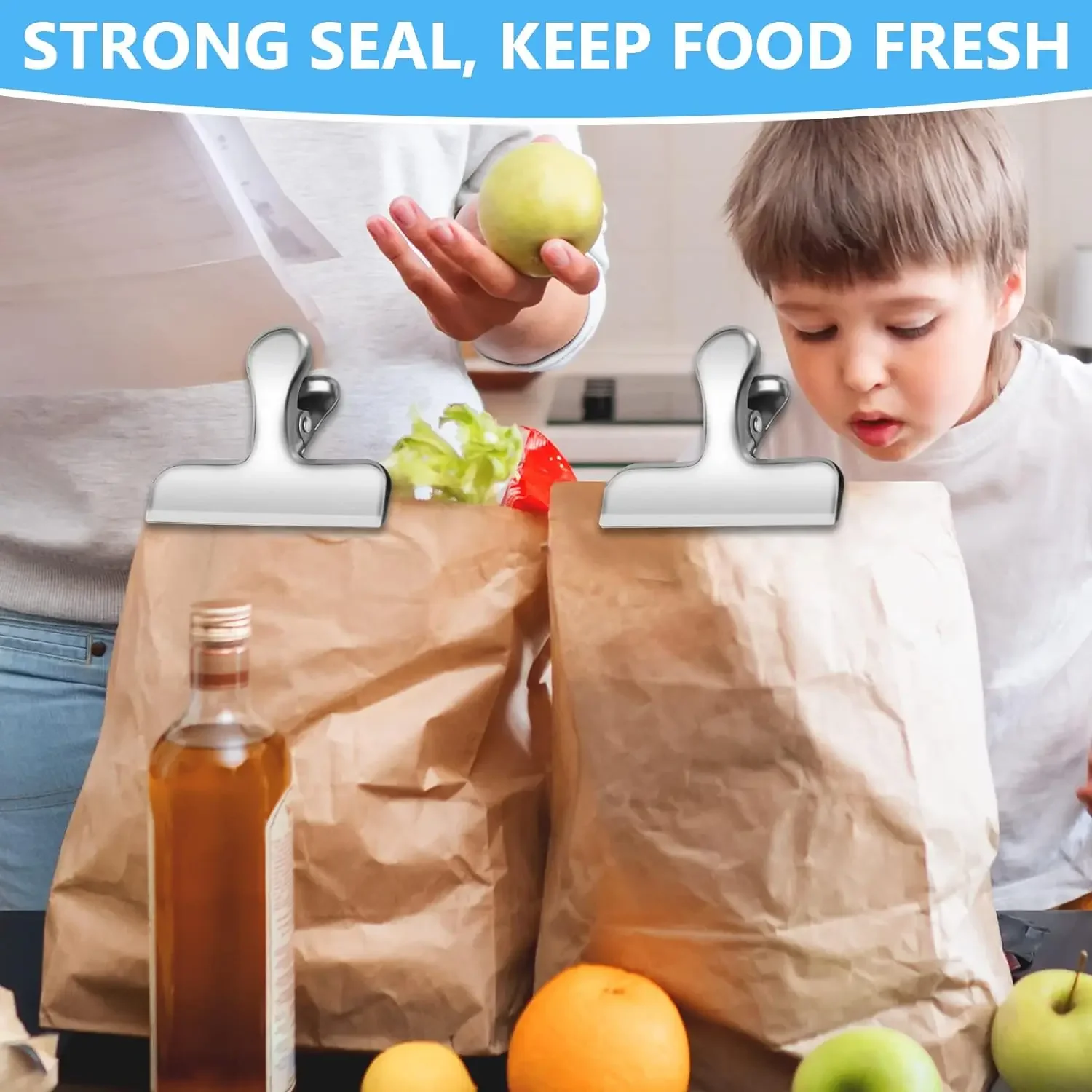 Stainless Steel Clips, Chip Bag Clips Heavy Duty Food Clips Round Edge Air Tight Seal Grip for Office Kitchen Home Usage Storage