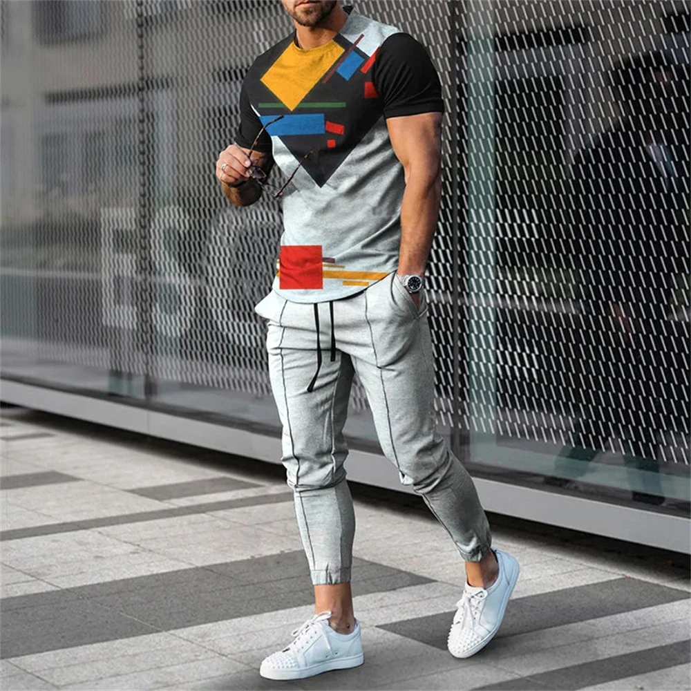 

Fashion Colorful Blocks 3D Print Men Sportswear Set Short-Sleeved T Shirt Pants 2-Piece Set Oversized Pullover Men Clothing