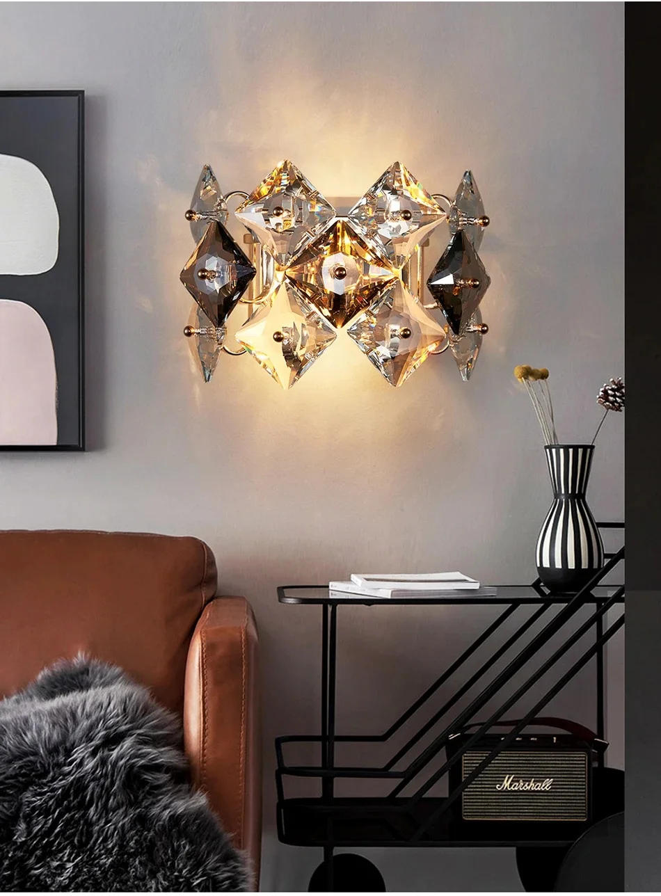 Modern Crystal LED Wall Sconce, Luminária cinza, Creative Home Decor, Sala de estar, Quarto, Cabeceira, Design Lustre