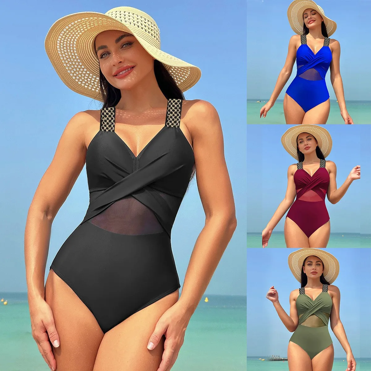 Black Halter Neck Bikini Cross Front Sheer Mesh Panel Bikinis High Waist Burgundy Strap Detail Swimsuit Olive Green V Neck view 2
