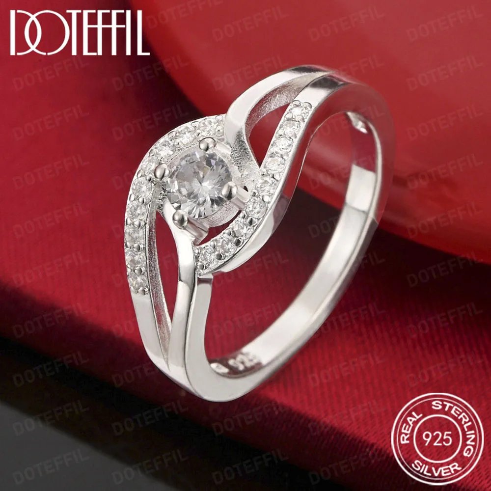 925 Sterling Silver Round 5A Crystal Ring For Woman Wedding Engagement Party Jewelry