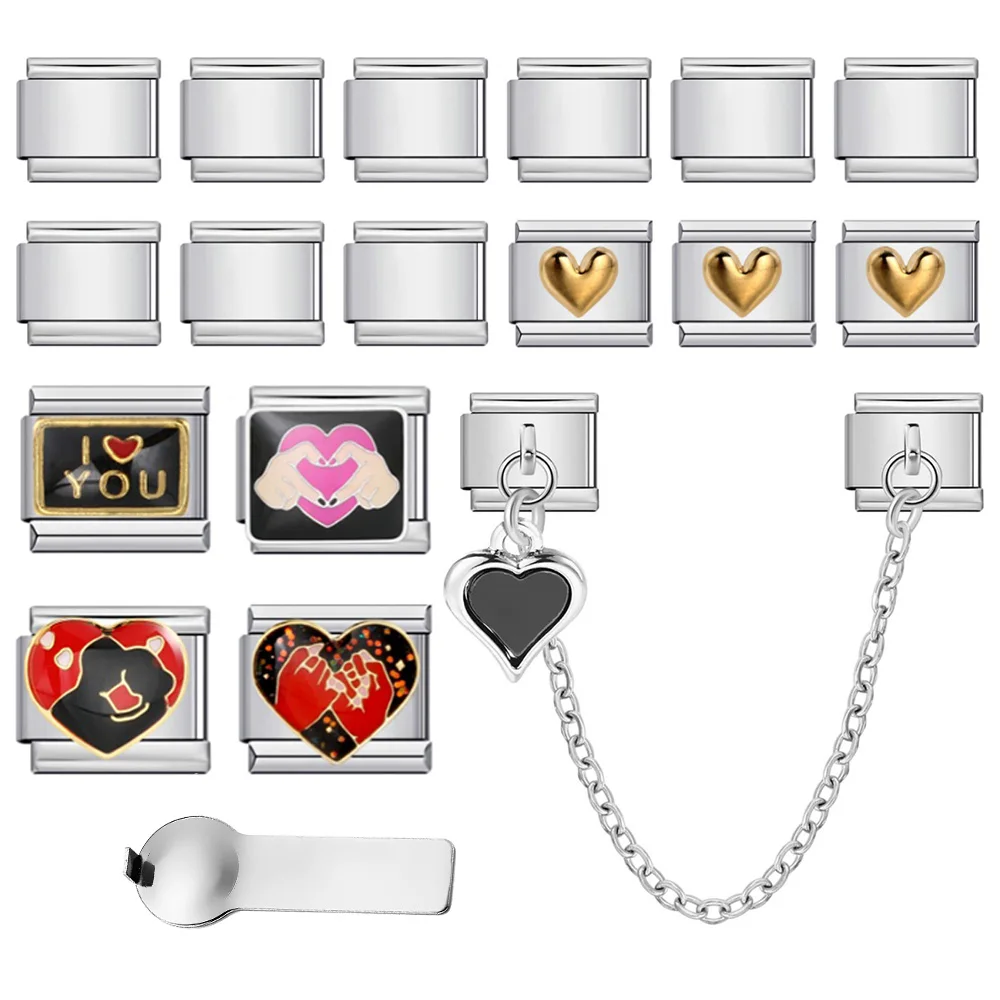Klassisches Herz-Paar-Gesten-Werkzeug-Kombinationsset 9mm Italienisches Armband mit Gliedern DIY Edelstahl Charm Schmuck 18-teiliges Set – Detail 1