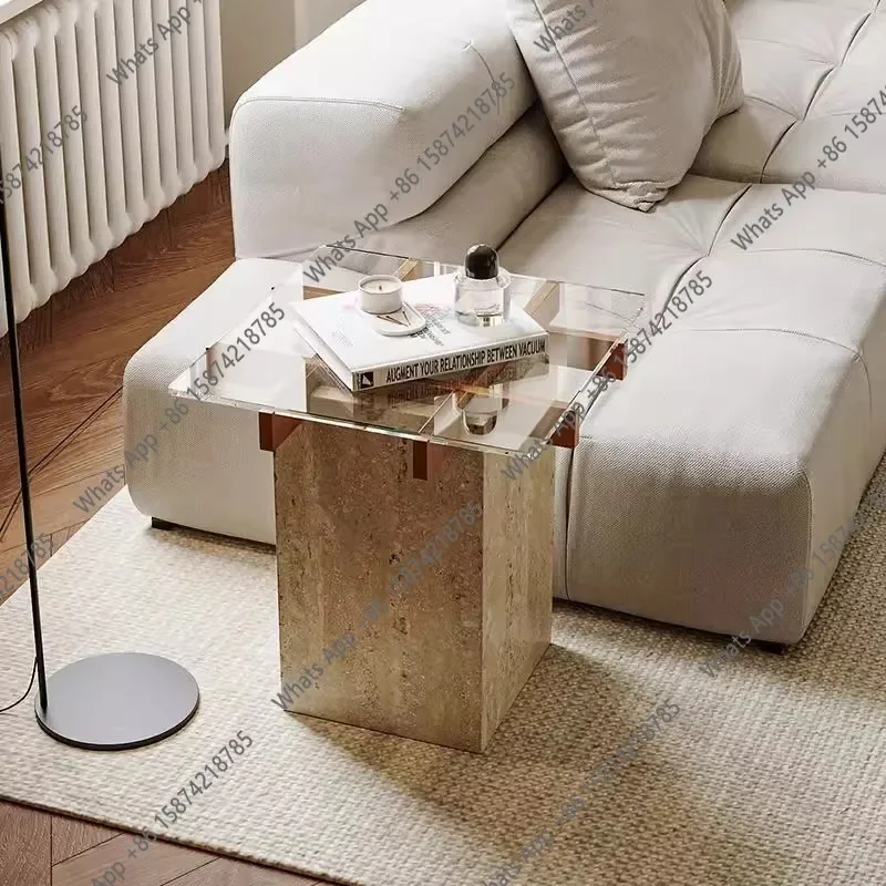 

N64 Medieval style natural travertine sofa side table bedside side table retro homestay living room square glass small coffee ta