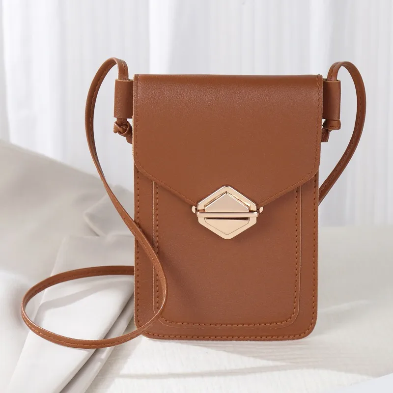 New messenger mobile phone bag transparent touchscreen mobile phone wallet female retro student solid color buckle lock small