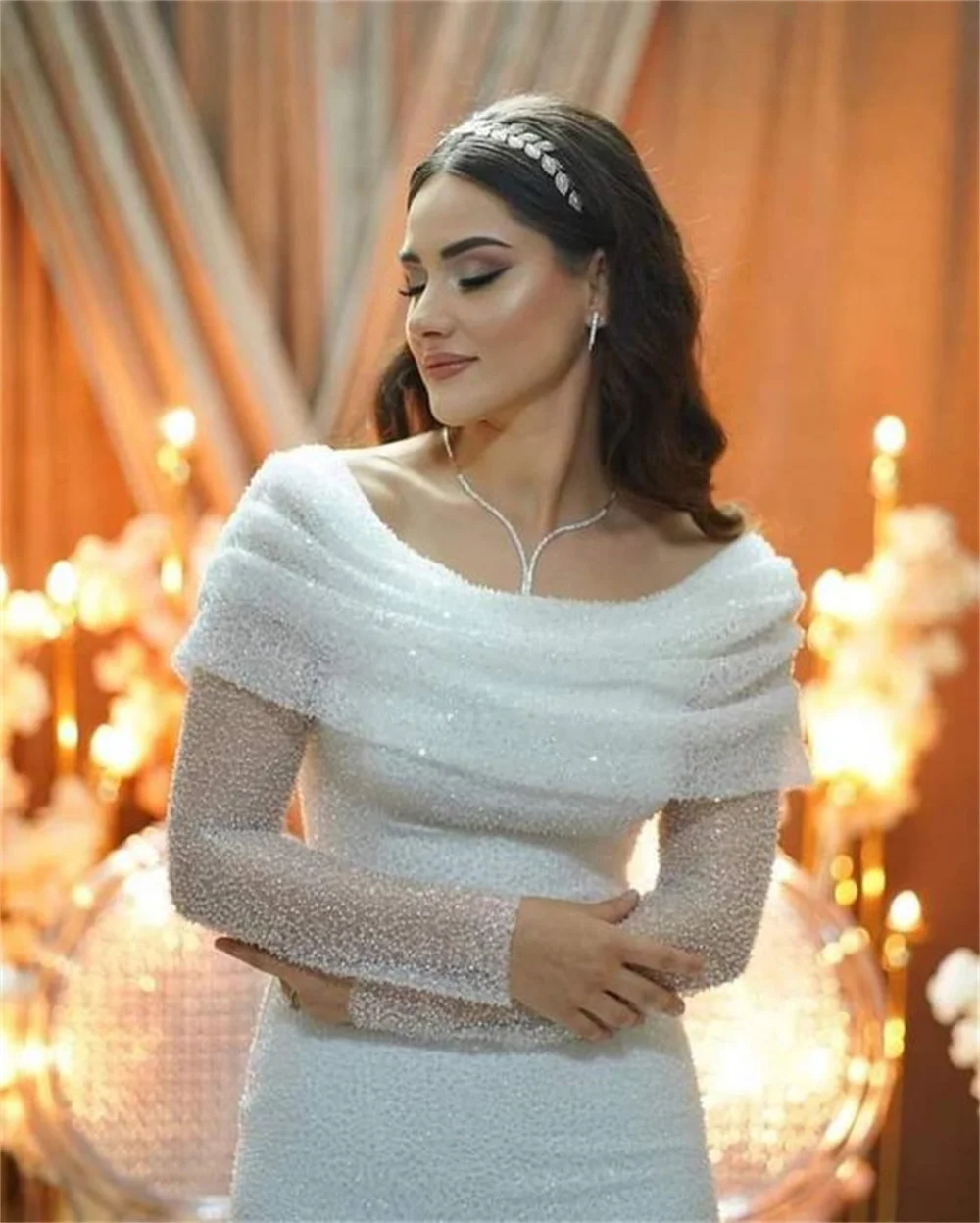 Sansa Luxury Beading Mermaid Wedding Dress Glitter Sequins Long Sleeves فستان حفلات الزفاف Shiny Sequins Robes De Soirée