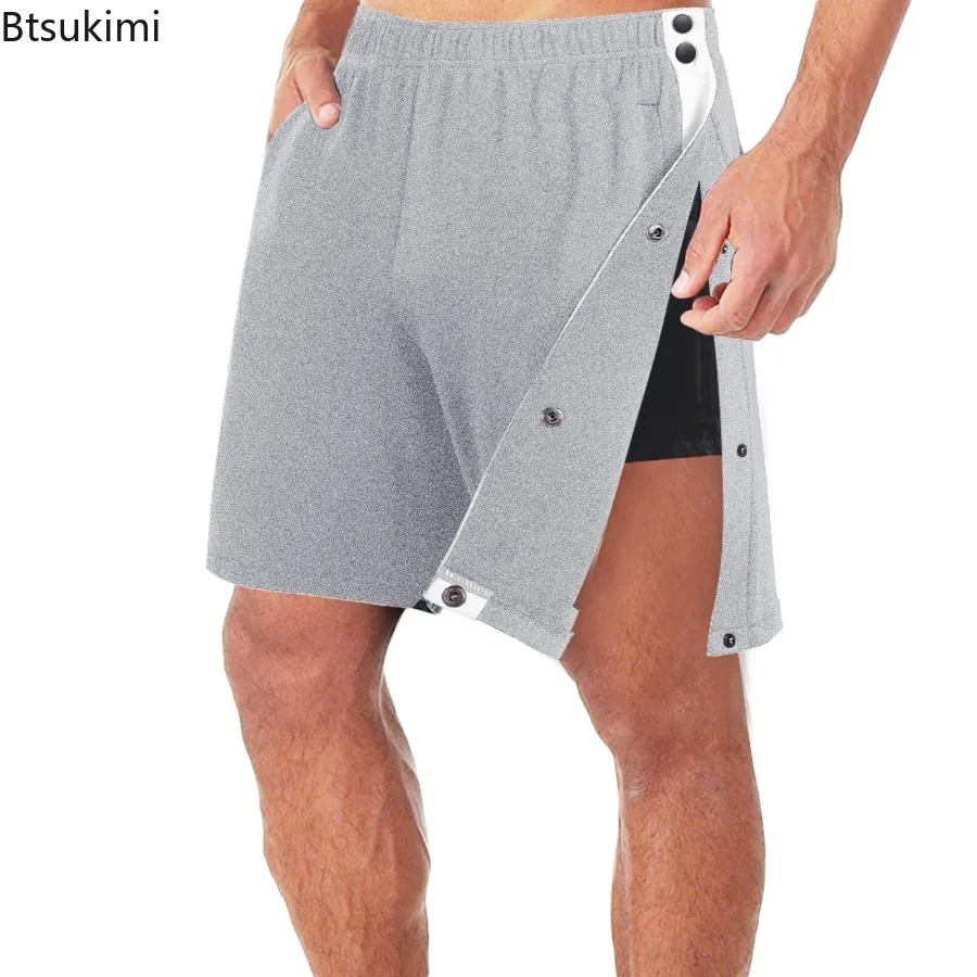 New Men's Summer Casual Pockets Shorts Loose Side Buckle Split Straight Shorts Elastic Waist Men Sport Training Basketball Pants