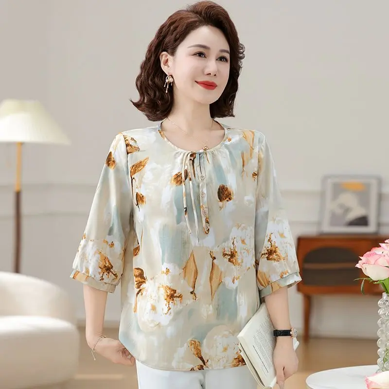 

Women's New Style Spliced round Neck Tie Printed Fashionable Loose Versatile Casual Short-sleeved Top