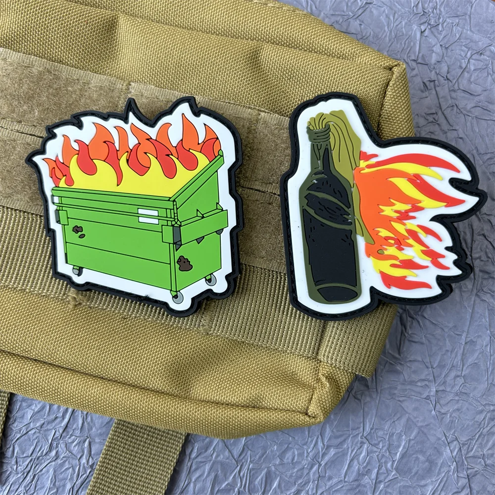 Molotov Cocktail 3D PVC Patch Rubber Sticker on Clothes Dumpster Fire Hook and Loop Badges Military Tactical Patches Backpack