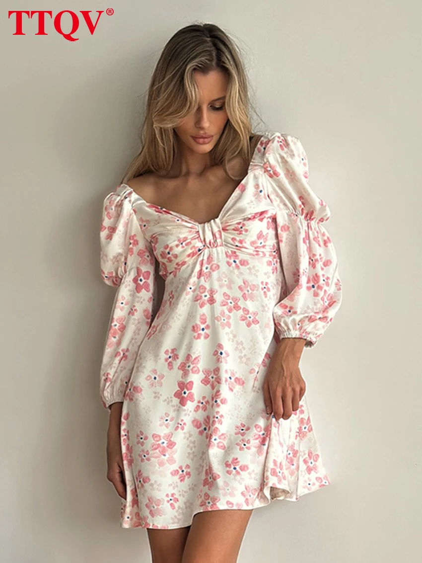 

TTQV Fashion Loose Print Women's Dress 2026 Sexy V-Neck Long Sleeve Mini Dresses Elegant Classic Female Dress Streetwear