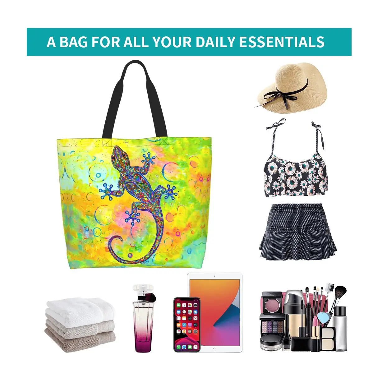 Electric Groovy Gecko Psychedelic Paisley Lizard Shopping Tote Bag Canvas Large Capacity Shoulder Bags Shopper Grocery Handbag