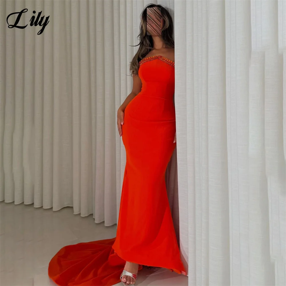 

Lily Hot Red Party Dresses Strapless Beading On Chest فساتين السهرة Trumpet with Train Celebrity Dress Customized