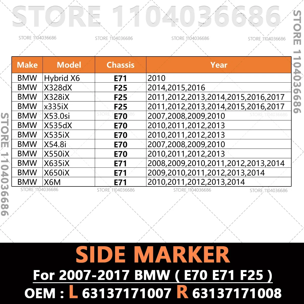 For 2007-2017 BMW X3 X5 X6, Hybrid X6 (E70 E71 F25) Fender Side Marker Turn Signal Light Lamp 63137171007 63137171008