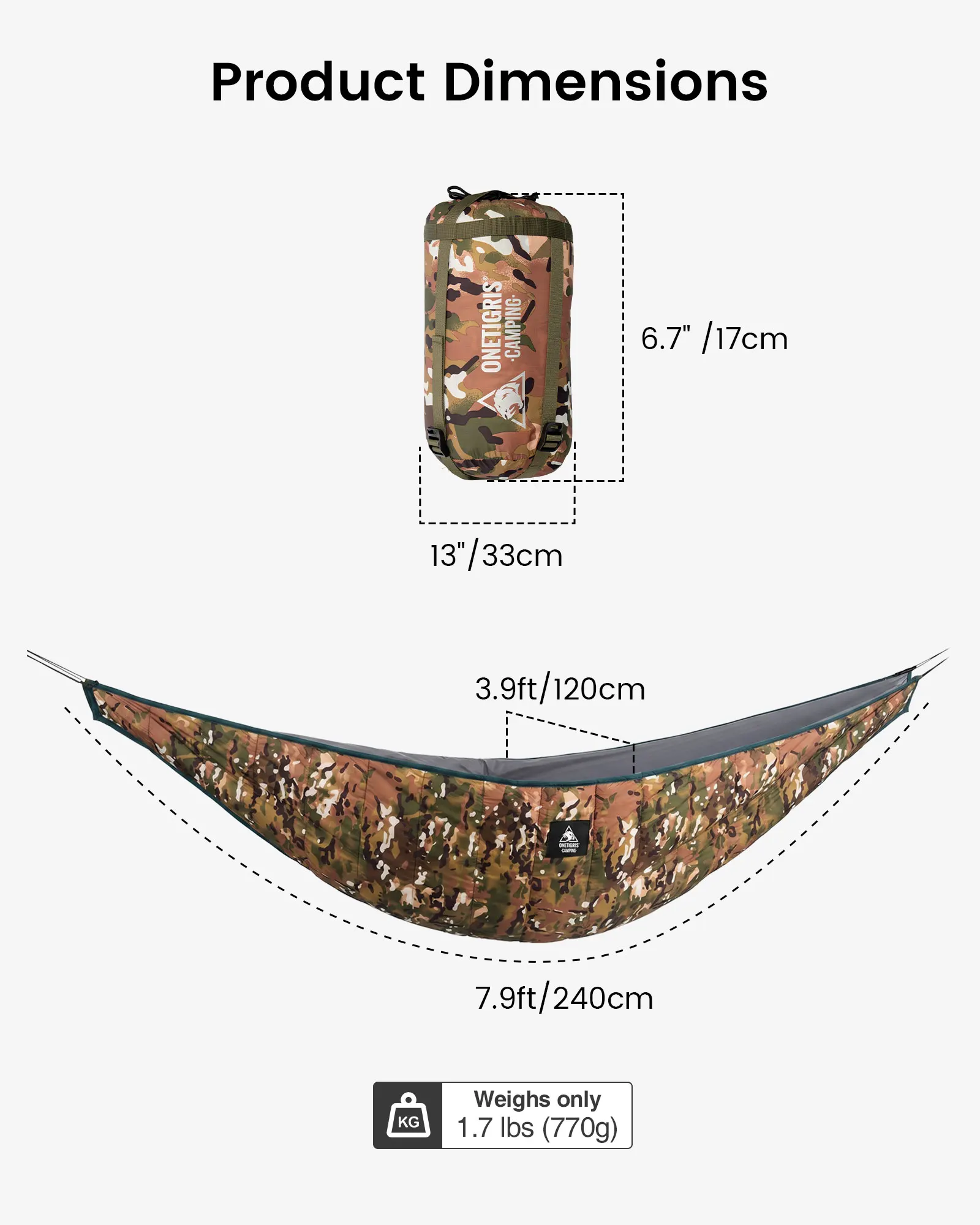 OneTigris Ultralength Hammock Underquilts 3 Season 41 F-68 F/5 C-20 C HIDEOUT Warm Under-Quilt For Camping Hiking Backpacking
