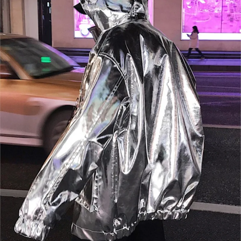 Men's Laser Hoodied Coat Singer Jazz Dancer Jacket Hip Hop Dance Costumes Nightclub Dj Ds Stage Rave Outfit