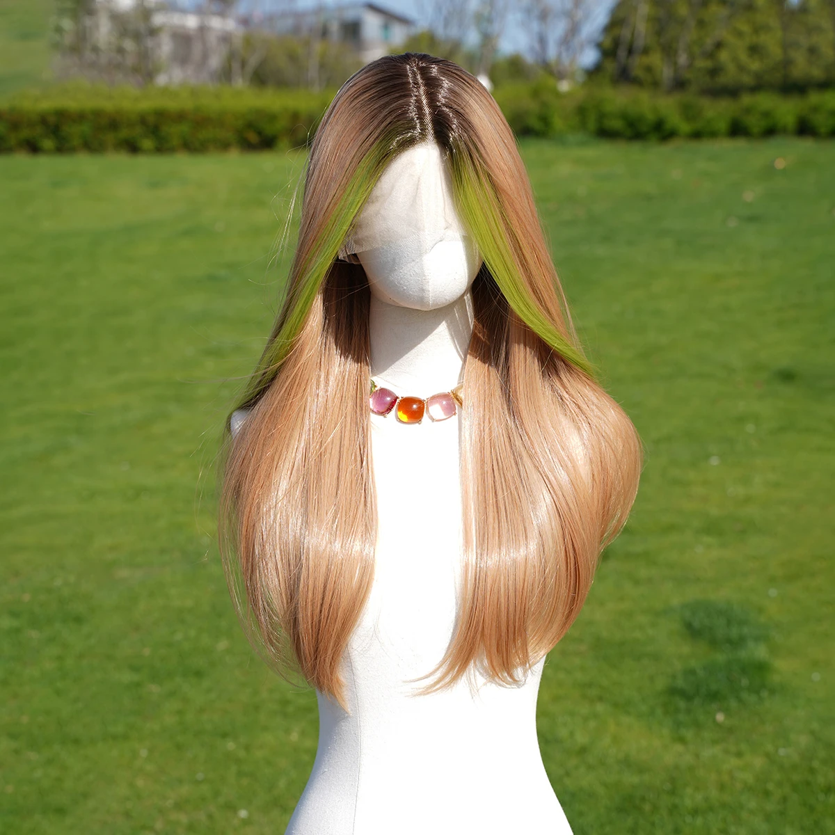 

Wig Women's Long Hair Natural Lace Head Cover Long Straight Hair Wig Gold Straight Hair Green Spot Dyed Women's Wig