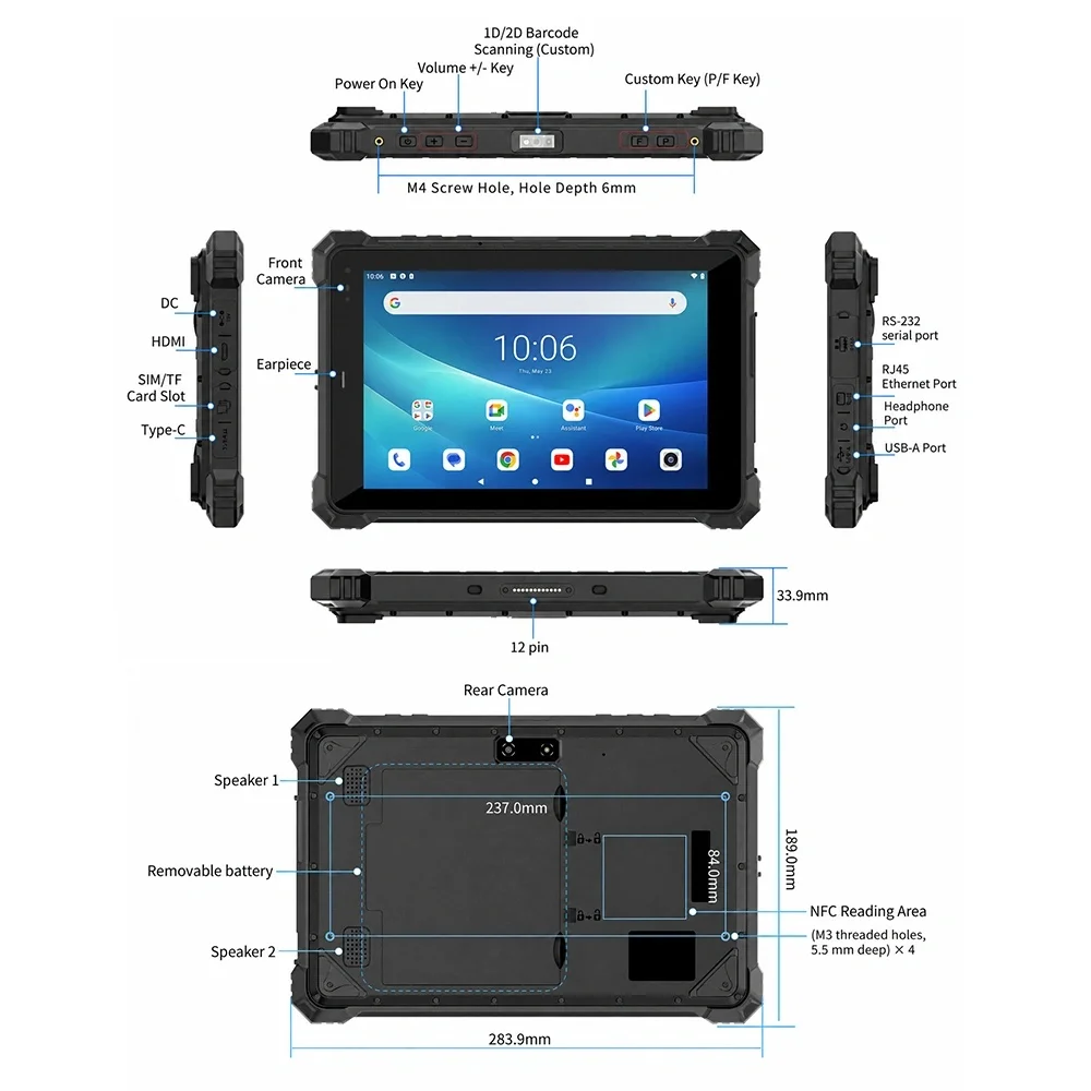 R54A Android Field Tablet with RJ45 DB9 RS232 10.1 Inch 15,400mAh Removable Battery