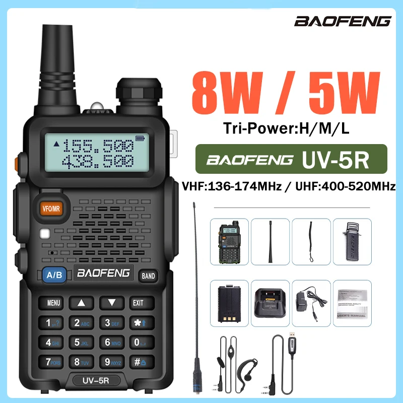 Baofeng UV 5R Walkie Talkie 5W/8W Dual Band VHF UHF Radio bidirezionale a lungo raggio Ricetrasmettitore portatile ad alta potenza Radioamatore portatile