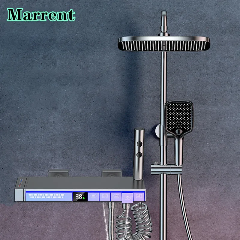 

Waterfall Piano Thermostatic Digital Shower Set Ambient Lighting Hot Cold Bathroom Mixer Faucets Grey Piano Digital Shower Set