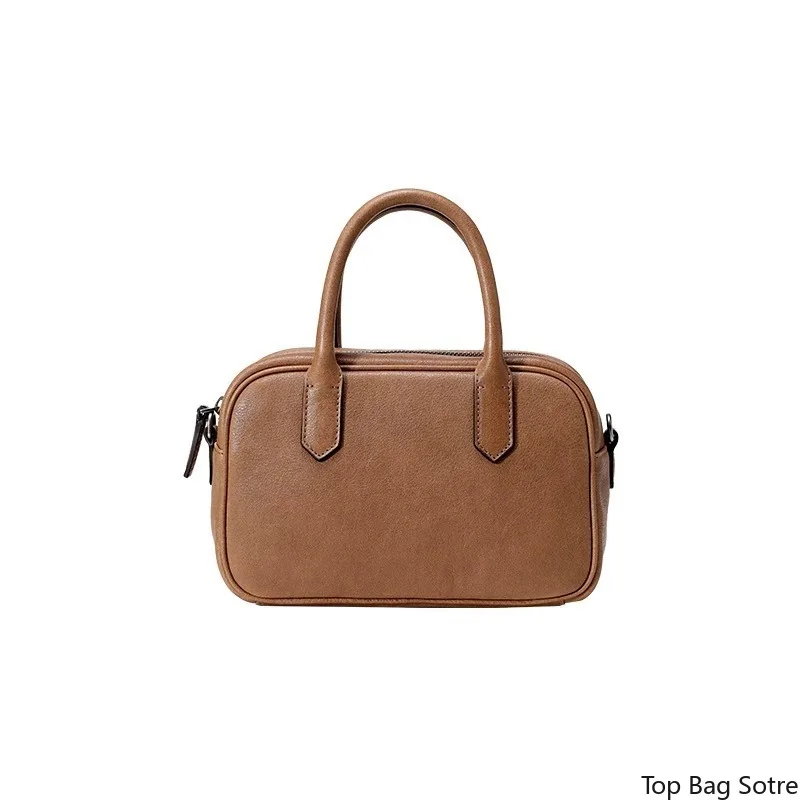 Women's Vintage Shoulder Bag Vegetable Tanned Leather Bowling Bag Top Handle Small Square Crossbody Handbag Commute
