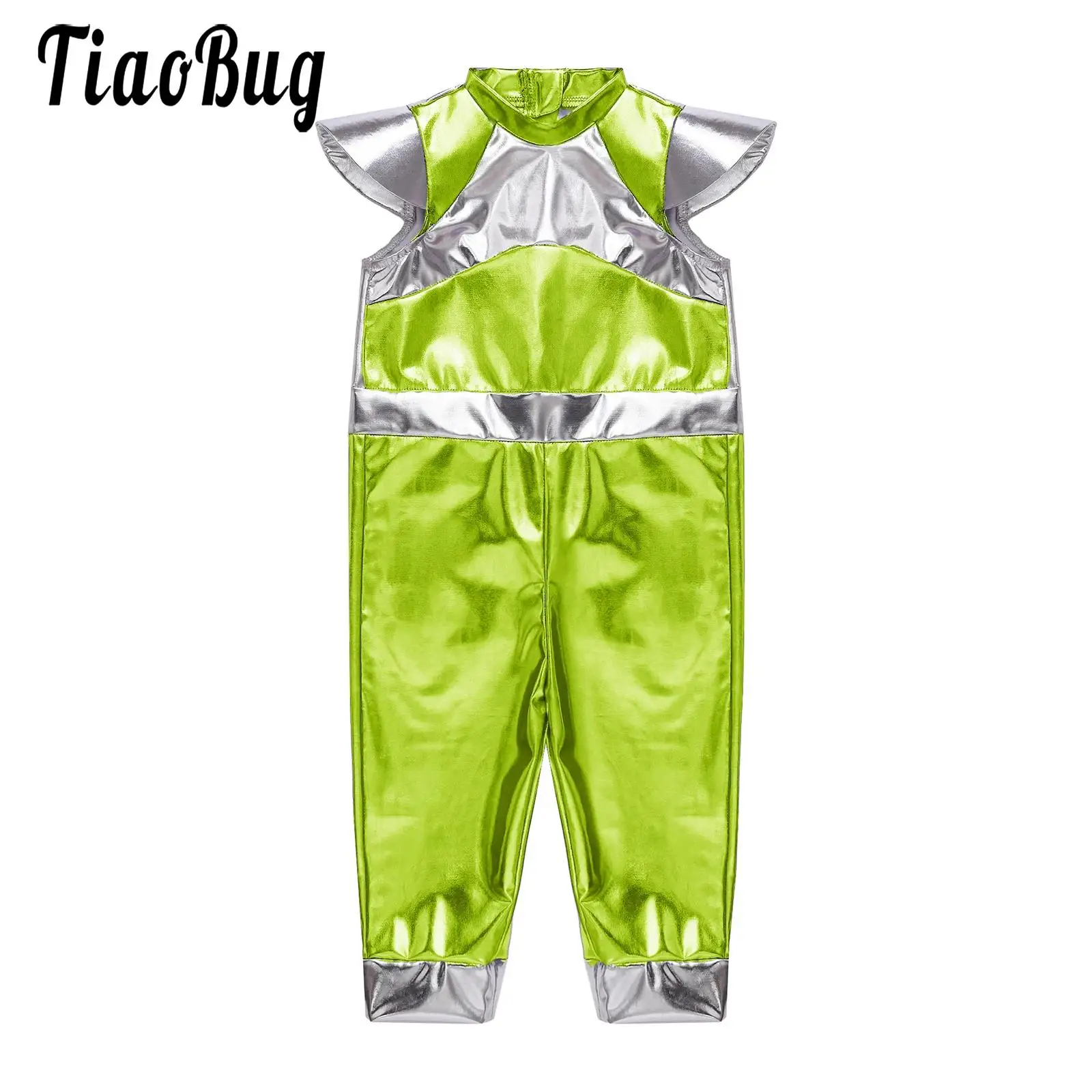 Toddler Boys Girls Shiny Alien Dress-up Costume Jumpsuit Cap Sleeve Zipper Metallic Romper for Photography Halloween Theme Party