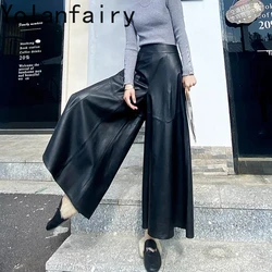 Autumn Winter Wide Leg Pants Women Genuine Leather Pants Loose A-line Trousers for Women 2024 High Waist Pants Korean Streetwear