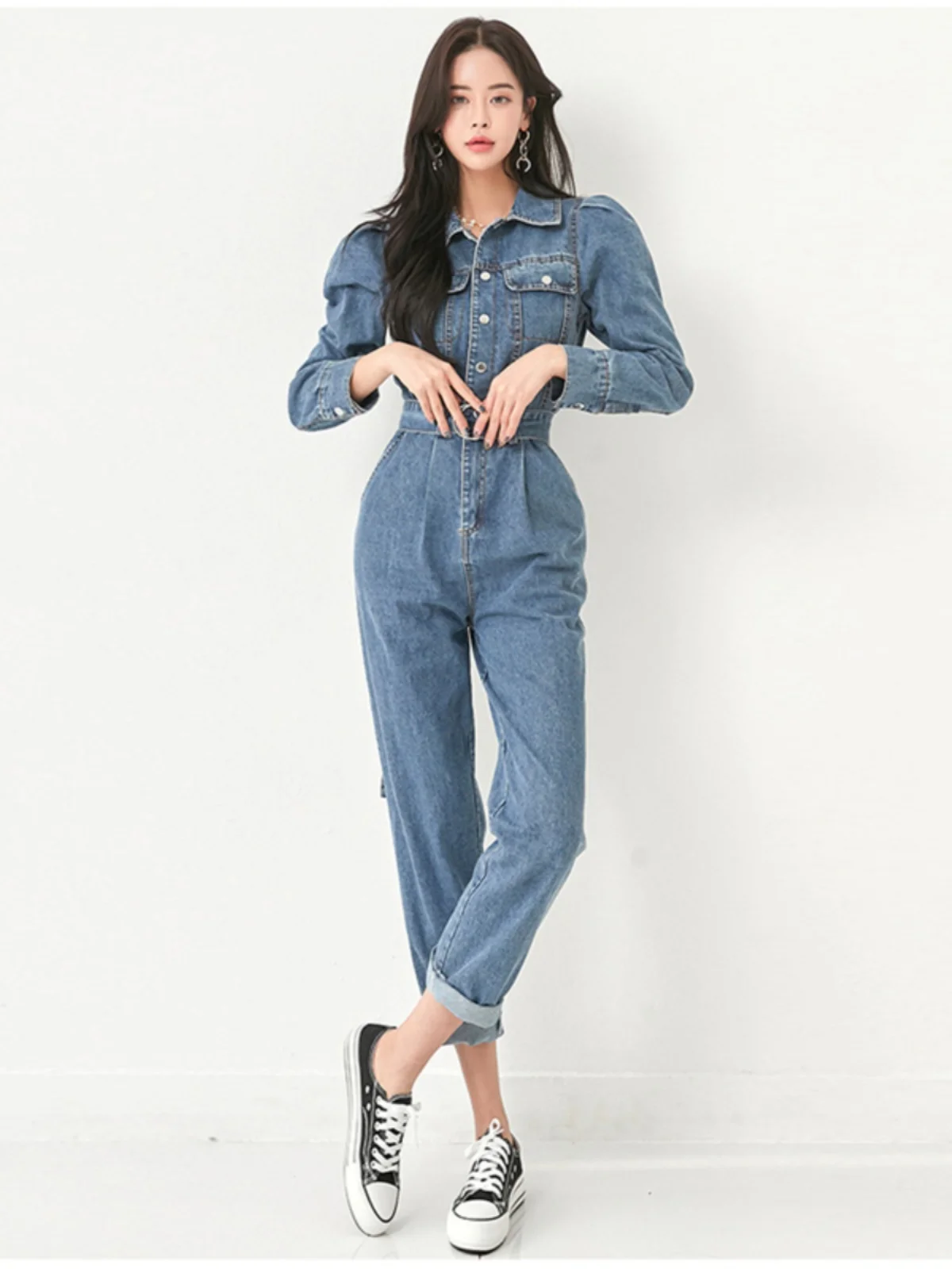 

High Waist Denim Jumpsuit Autumn Winter Korean Sle Slimming Casual Versatile Cotton Workwear Pants Set for plus Size Women
